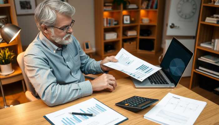 Person reviewing financial documents and using a laptop in a cozy home office setting.
