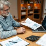 An older man with gray hair and glasses sits at a desk, studying printed financial charts on the community impact of payday loan bans. An open laptop, calculator, pen, and more papers with graphs are on the desk in a home office setting.