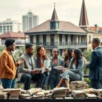 A group of eight people in business attire converse outdoors on a terrace with stacks of documents on a table, discussing the impact on communities of payday loan bans. Historic buildings and cityscape are visible in the background.