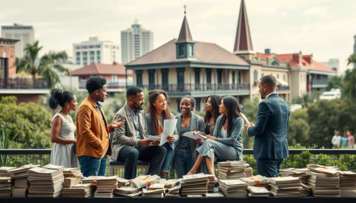 A group of eight people in business attire converse outdoors on a terrace with stacks of documents on a table, discussing the impact on communities of payday loan bans. Historic buildings and cityscape are visible in the background.