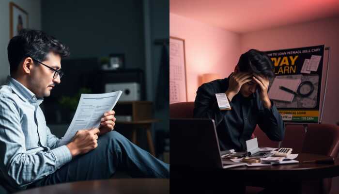 A split image shows a man on the left calmly reading papers, while on the right, the same man appears stressed at a cluttered desk with bills—highlighting how cruise tips can help you avoid budget stress and find cheap cruise deals for hassle-free travel.