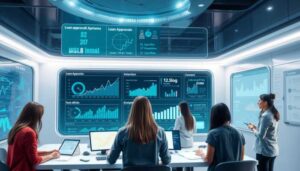 Five people work at computers in a modern office, surrounded by large digital screens displaying data, graphs, and financial analytics related to lending approvals and AI scoring for loan extraction statistics.