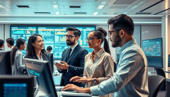 A futuristic bank office where a diverse group of individuals receives assistance from AI technology, with screens displaying financial metrics and graphs in a bright, welcoming atmosphere.