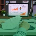 Person sitting at a desk reviewing key insights on financial documents, with two monitors displaying charts and graphs related to financial guidance and personal loan data. A calculator and office supplies are also on the desk.