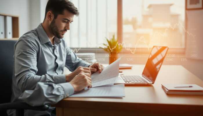 A person reviewing financial documents with a calculator and laptop in a serene office, featuring a line of credit graph in the background.