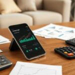 A smartphone displaying a budgeting app with a line graph sits on a wooden table surrounded by printed charts, two calculators, and a couch in the background—perfect for tracking your journey to financial success.