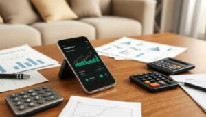 A smartphone displaying a budgeting app with a line graph sits on a wooden table surrounded by printed charts, two calculators, and a couch in the background—perfect for tracking your journey to financial success.