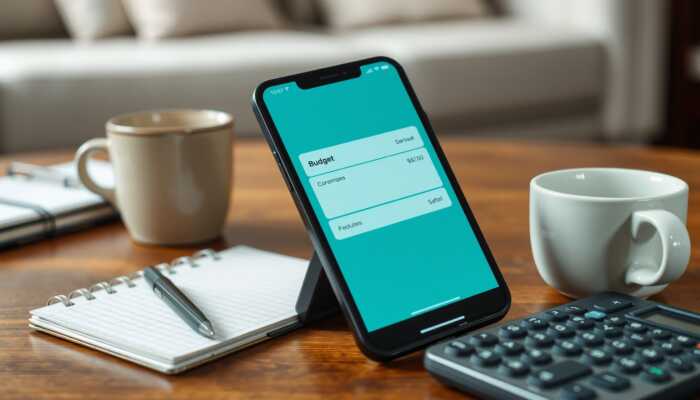 Smartphone showing a budgeting app interface on a wooden table with a notepad, calculator, and coffee cup in a cozy room.