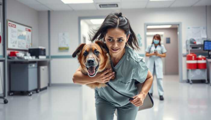 A concerned pet owner hurries their dog into a veterinary clinic, with urgent expressions as veterinary staff prepare to assist in a bright, well-equipped animal hospital.