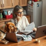 A woman sits at a kitchen table with two open laptops, paperwork, and a calculator—clearly focused on financial planning. Her dog and cat sit beside her on the table as she handles calls, balancing work with essential considerations for pet emergencies.