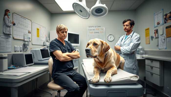 A concerned pet owner in a veterinary clinic with a distressed dog on the examination table, while a vet discusses treatment options, highlighting the emotional and financial stress of pet emergencies.