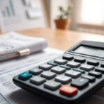 A calculator rests on financial documents and a desk with a pen, while charts and a plant are visible in the blurred background near a sunlit window, hinting at the use of payday loan pre-approval tools for financial planning.