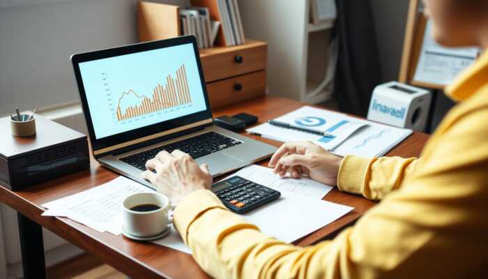 Person analyzing financial statistics on a laptop in a cozy home office, surrounded by paperwork and a calculator.