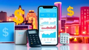 A smartphone displaying finance charts is placed among tools like a calculator, a card reader, and a keypad, showcasing the Republic Finance Mobile App amid a city skyline and large dollar signs in the background.