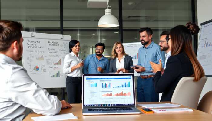 Diverse marketing professionals collaborating in a modern office, discussing personal loan strategies with charts, graphs, and a laptop displaying analytics.