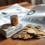 Stacks of paper money and piles of coins are arranged on a wooden table, with financial documents displaying charts and graphs in the background—perfect for debunking common personal loan myths. Sunlight partially illuminates the scene.