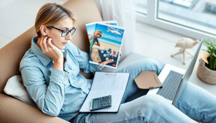 A person planning a vacation with travel brochures, a laptop, a calculator, and a notepad, illustrating the strategic use of personal loans for planned expenses.