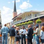 A diverse group of people gather and discuss financial strategies on a lively street lined with historic buildings, iron balconies, and hanging plants; a church steeple rises in the background under a partly cloudy sky.