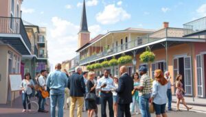 A diverse group of people gather and discuss financial strategies on a lively street lined with historic buildings, iron balconies, and hanging plants; a church steeple rises in the background under a partly cloudy sky.