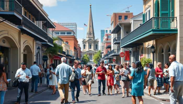 A vibrant New Orleans street scene with diverse individuals discussing loans, using mobile devices, and reviewing documents, set against iconic architecture and local culture.
