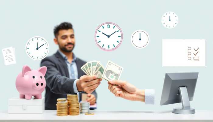 Person receiving cash from a bank teller, with symbols of financial stability including a piggy bank, a clock for quick access to funds, and a checklist for a simple application process.