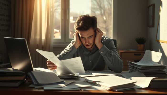 A stressed person at a desk surrounded by bills and urgent documents, using a laptop with a financial website open, illuminated by warm sunlight.