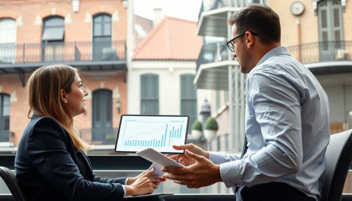 Financial advisor explaining personal loan options to a client, with interest rate charts and New Orleans architecture in the background.