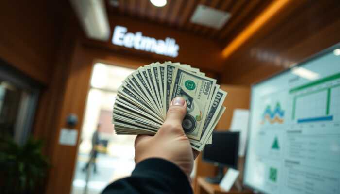 A hand holding a stack of cash in a bank setting, symbolizing the urgency and accessibility of personal loans.