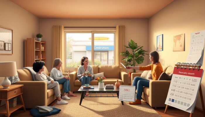 A family discussing financial options in a cozy living room with a credit union building in the background, a friend handing over cash, and a calendar marking payday, all in a warm and inviting atmosphere.