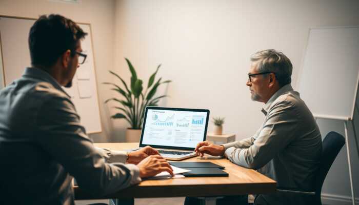 A person discussing loan terms with a lender at a desk, with a laptop showing financial documents, in a calm, well-lit room symbolizing negotiation and growth.