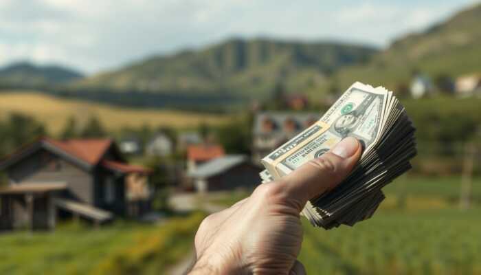 A hand holding a stack of cash in front of a blurred rural town background, symbolizing urgent financial need.