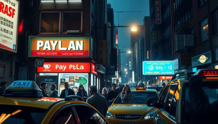 A busy urban street at night with a neon payday loan storefront, showcasing diverse individuals displaying concern and contemplation amidst taxis and streetlights, reflecting financial stress.