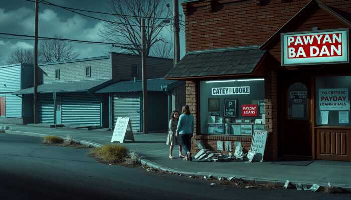 A rural town with closed shops and empty streets, featuring a distressed family outside a payday loan storefront, symbolizing the cycle of debt and financial hardship, with unpaid bills scattered on the ground.