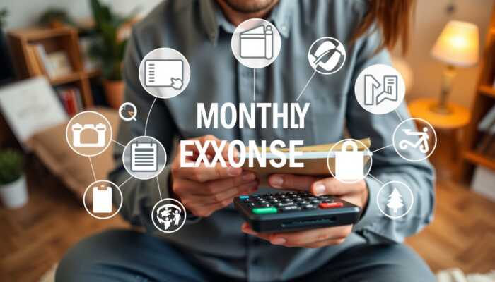 Person analyzing monthly expenses with a calculator and notebook in a cozy home office, surrounded by icons representing various expense categories.