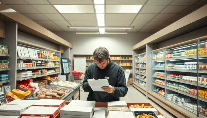 A person thoughtfully examining a shopping list in a serene, organized shopping environment with minimalistic displays, symbolizing focus and restraint against impulse purchases.
