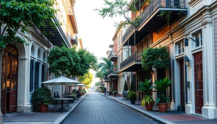 A picturesque New Orleans street with historic buildings and a cozy café, symbolizing community and financial comfort.