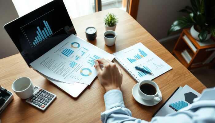 Person managing personal loans at a desk with a laptop, financial documents, calculator, coffee cup, and notepad with graphs in a bright home office.