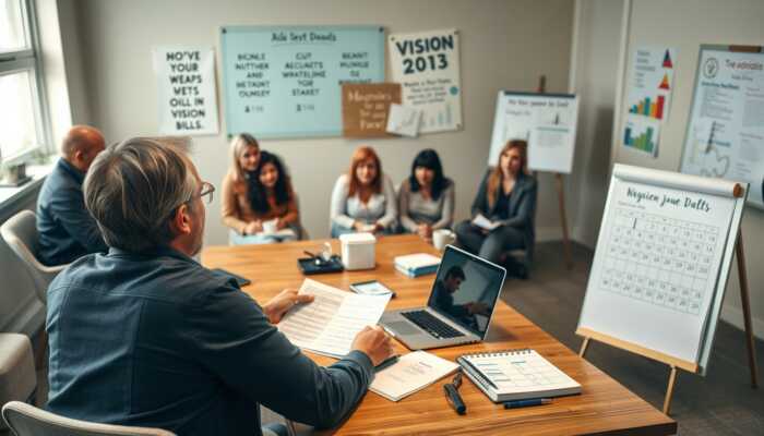 A person at a table with bills and a laptop, surrounded by motivational quotes and a vision board, while an open notebook and a calendar with repayment dates highlight budgeting strategies, with a group of diverse individuals in a workshop discussing debt management in the background.