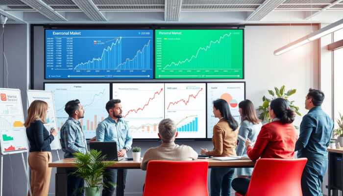 Diverse individuals discussing personal loans in a modern office, surrounded by growth charts and graphs.