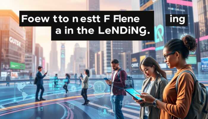 Futuristic cityscape illustrating advanced fintech integration in lending, with diverse consumers using mobile devices for financial services, highlighting transparency, financial education, and ethical lending practices amidst modern architecture and vibrant technology.