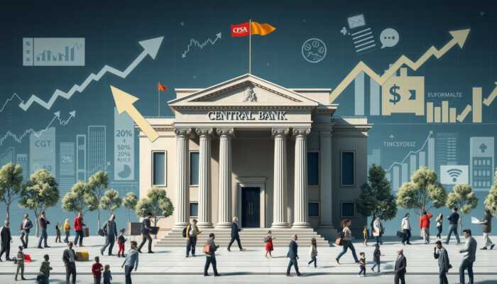 Central bank building with arrows showing interest rate changes, symbols of government spending like construction projects, and tax relief imagery, set against fluctuating economic graphs and diverse community activities.