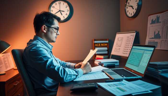 A focused individual at a desk surrounded by financial documents and a laptop with a budget spreadsheet, emphasizing urgency in a dimly lit room.