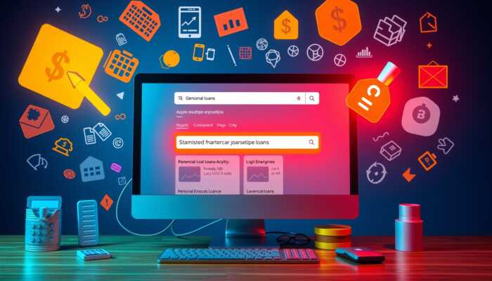 Computer screen displaying search engine results with highlighted personal loan ads, surrounded by financial icons like dollar signs and calculators, representing urgency and opportunity in digital marketing.