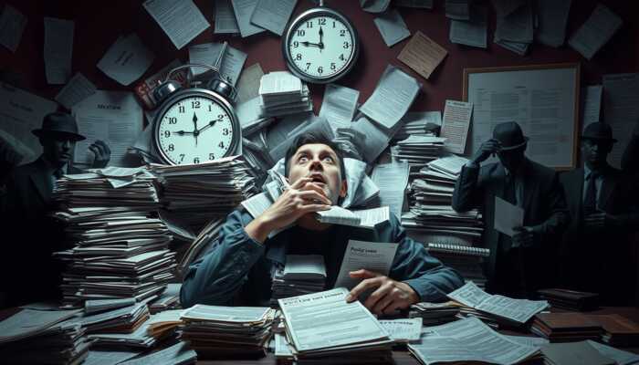 A person overwhelmed by bills and payday loan contracts, with a ticking clock and shadowy figures representing debt collectors, illustrating financial distress and the cycle of debt.