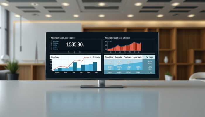 Modern loan calculator interface showcasing graphs for fixed-rate and adjustable-rate scenarios, along with an amortization schedule in a professional financial setting.