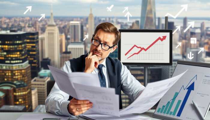 Economist analyzing inflation charts and reports in a cityscape, with rising prices illustrated through arrows and symbols.