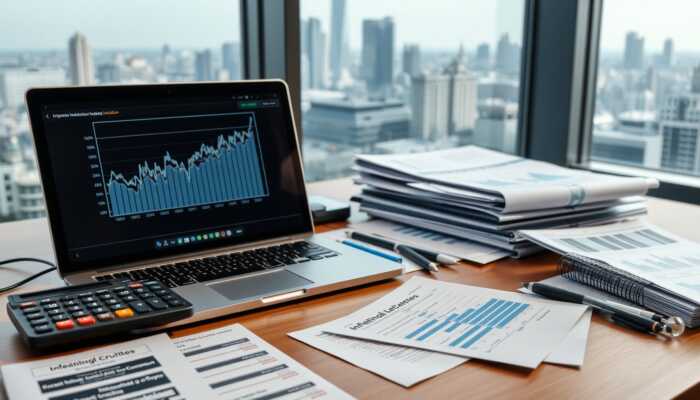 Financial analyst's desk with a laptop showing fluctuating inflation graphs, a calculator, and economic reports, set in a modern office with a city skyline view.