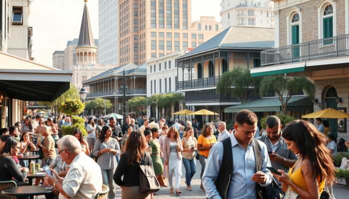 A vibrant New Orleans street scene during tax season, showcasing diverse individuals engaging in financial activities like discussing loans, reviewing documents, and using mobile devices, with iconic architecture in the background.