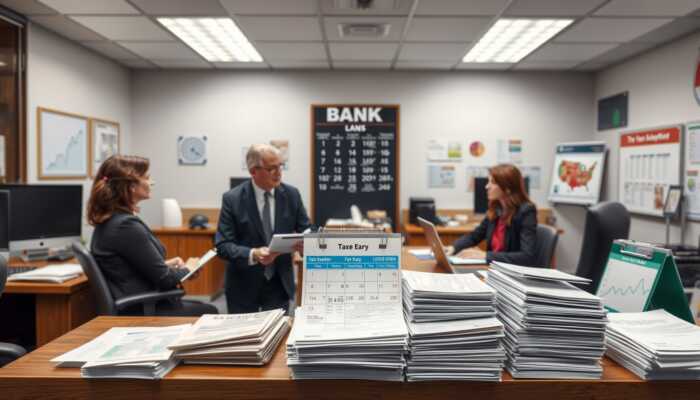 A busy bank office during peak loan application season, with lenders discussing financial documents and stacks of loan applications, highlighting urgency and competition.