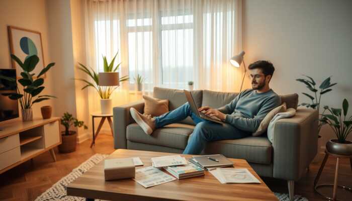 Person sitting on a sofa in a cozy living room, using a laptop to apply for a personal loan, with financial documents on the coffee table.